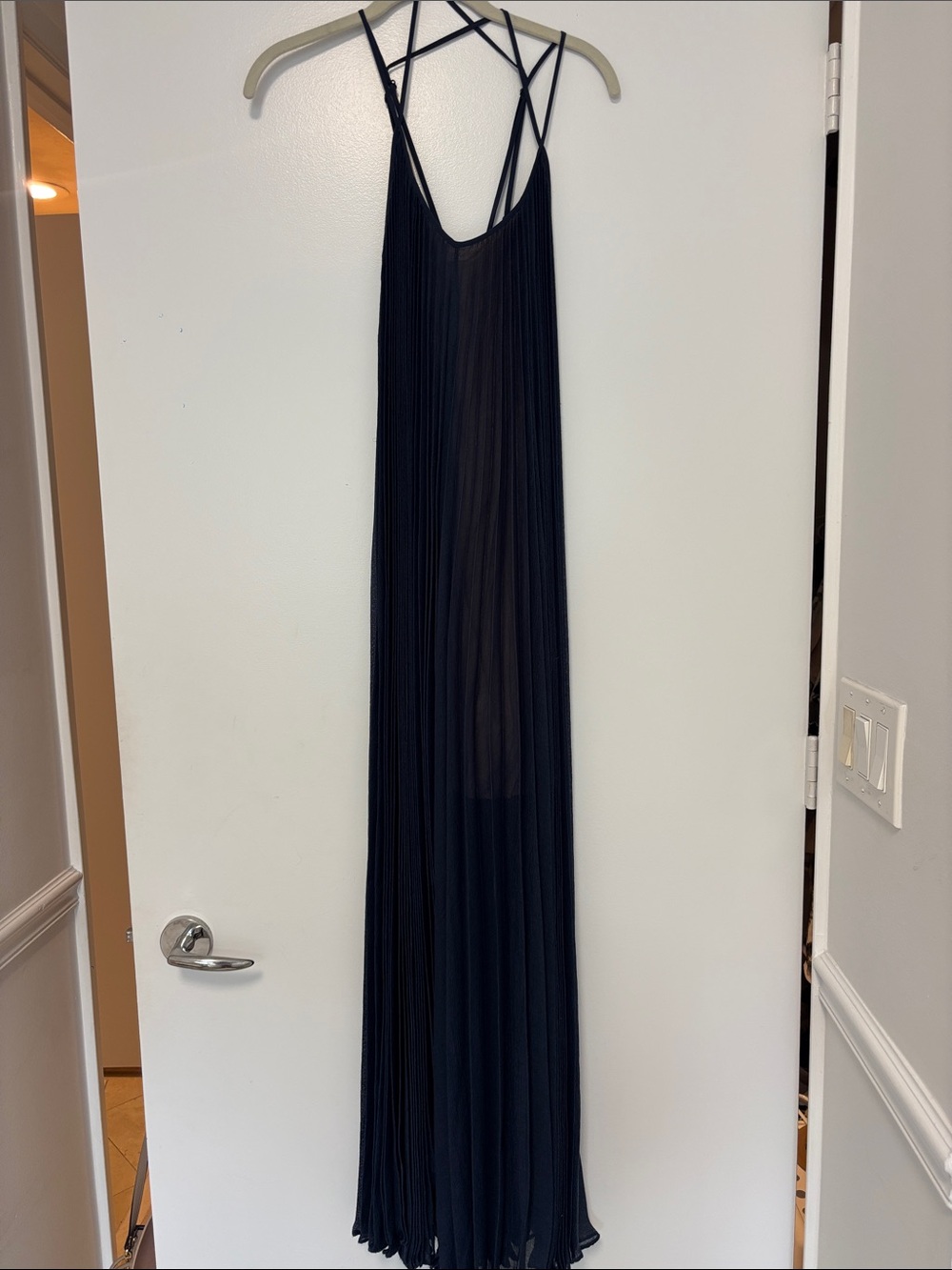 Sleeveless Black Pleated Maxi Dress with Strappy Back (slight tear on the back)